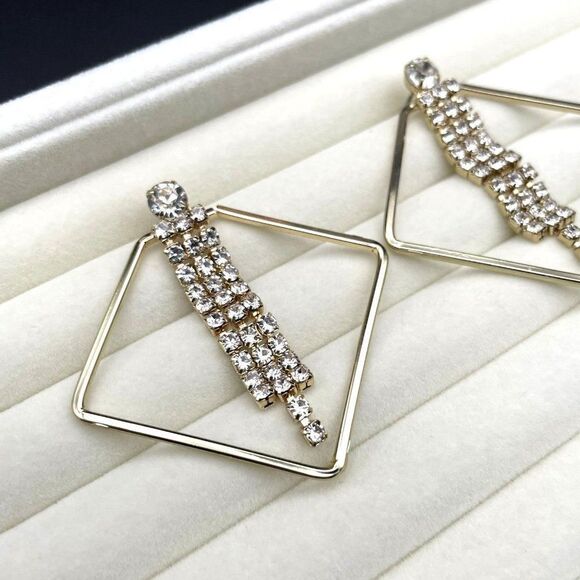 Yellow Gold Rhombus with White Diamond Crystal Dangling Tassel Post Earrings - Picture 5 of 9